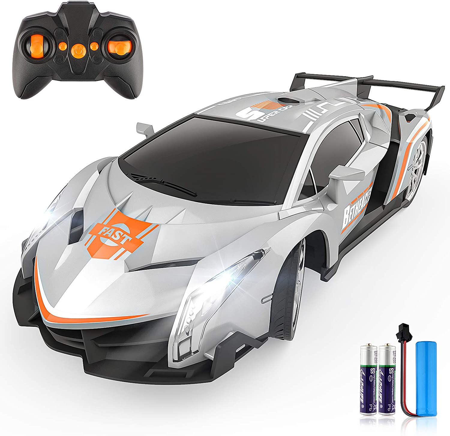 Growsland Remote Control Car RC Cars Xmas Gifts Toys for Kids 1/18 Electric Sport Racing Hobby Rc Crawler Toy Car Model Vehicle for Boys Girls Adults Included Rechargable Batteries (Silver) UPC: 745681768435